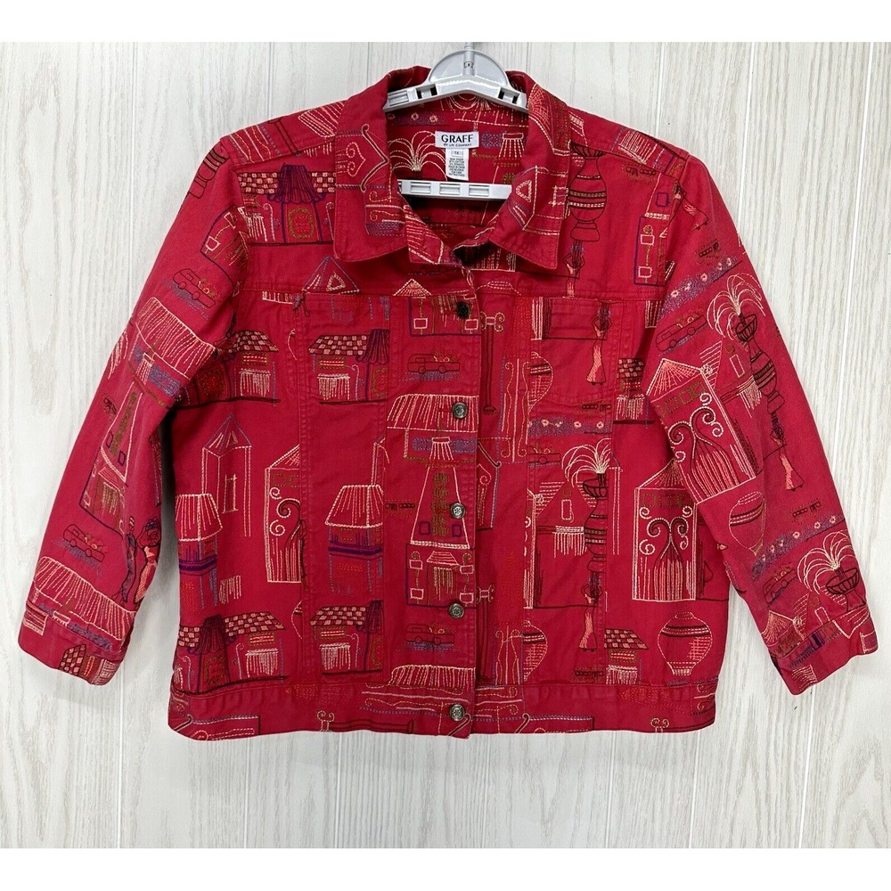 Graft By‎ Um Company Denim Jacket Womens 1X Red Button Front Artsy Embroidery